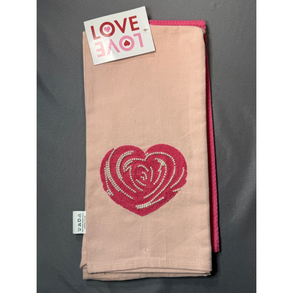 NWT Love 2-Piece Kitchen Towel Set Pink Fuchsia Heart Beaded Waffle Weave